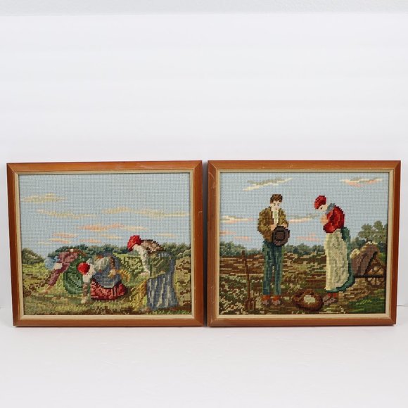Set 2 Vintage Needlepoint The Gleaners The Angelus Jean-Francois Millet Framed - Picture 1 of 12